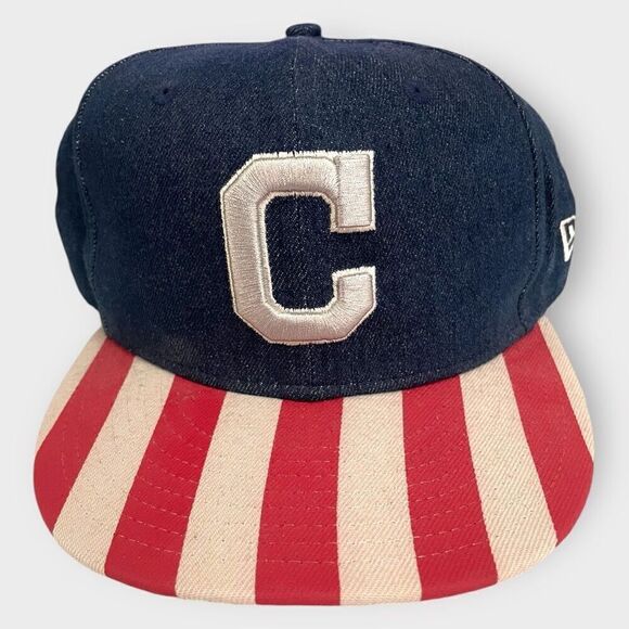 New Era Cleveland Indians Fully Flagged Denim 9FIFTY Adjustable SnapBack Hat New - Picture 1 of 8